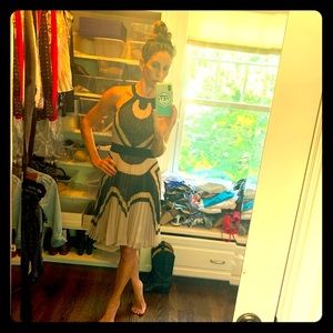 Dress. Fitted thru waist and pleated skirt.